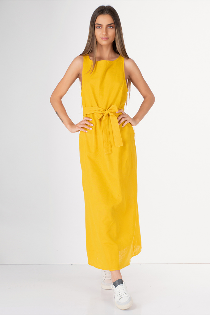 Дамска ефирна рокля от лен в жълто