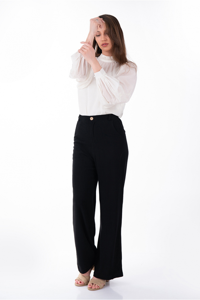 Дамски широк панталон от лен и памук в черно