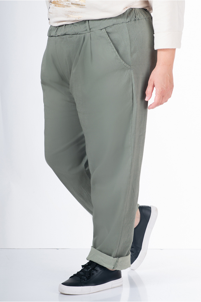 МАКСИ панталон от памук в цвят милитъри с ластик на талията
