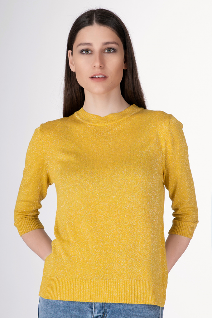 Дамска блуза фино плетиво в горчица ефект ламе
