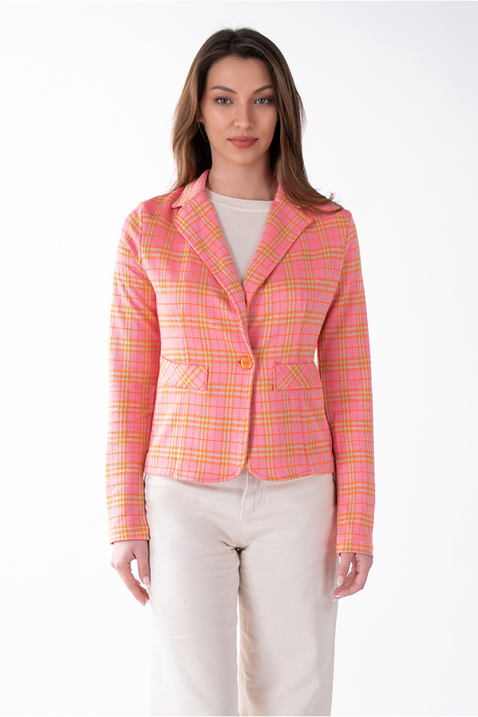 Дамско сако от трико в розово с принт каре