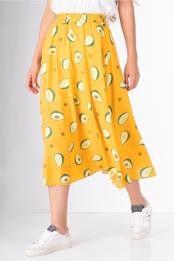 Дамска пола в жълто с принт авокадо