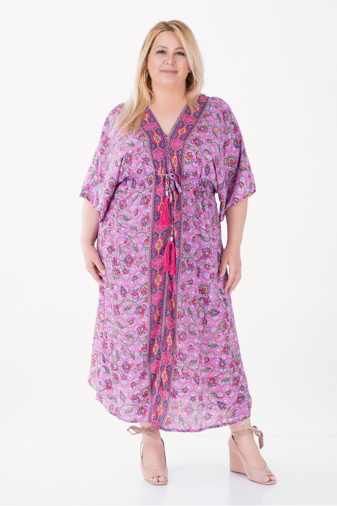 МАКСИ дълга рокля от коприна в лилаво с цветен етно принт