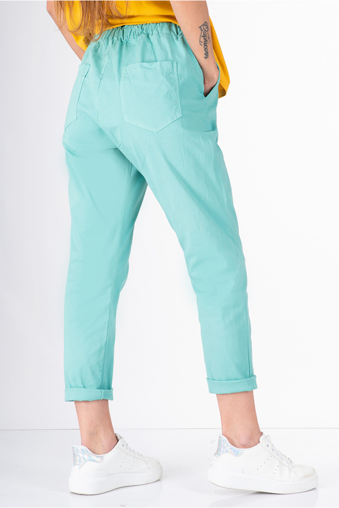 Дамски памучен панталон с връзка в цвят мента