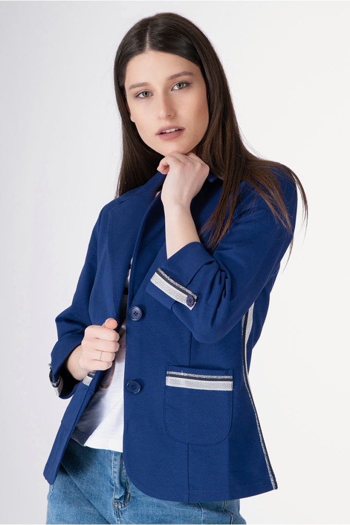 Дамско сако в синьо със сребристи елементи