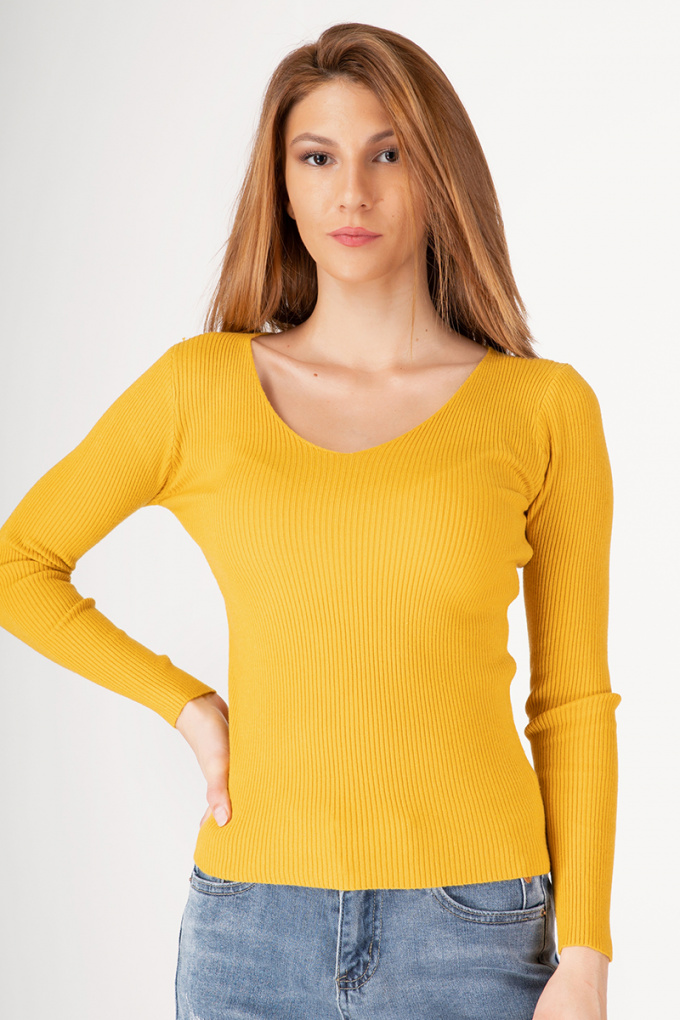 Дамска блуза рипс с обло деколте в жълто