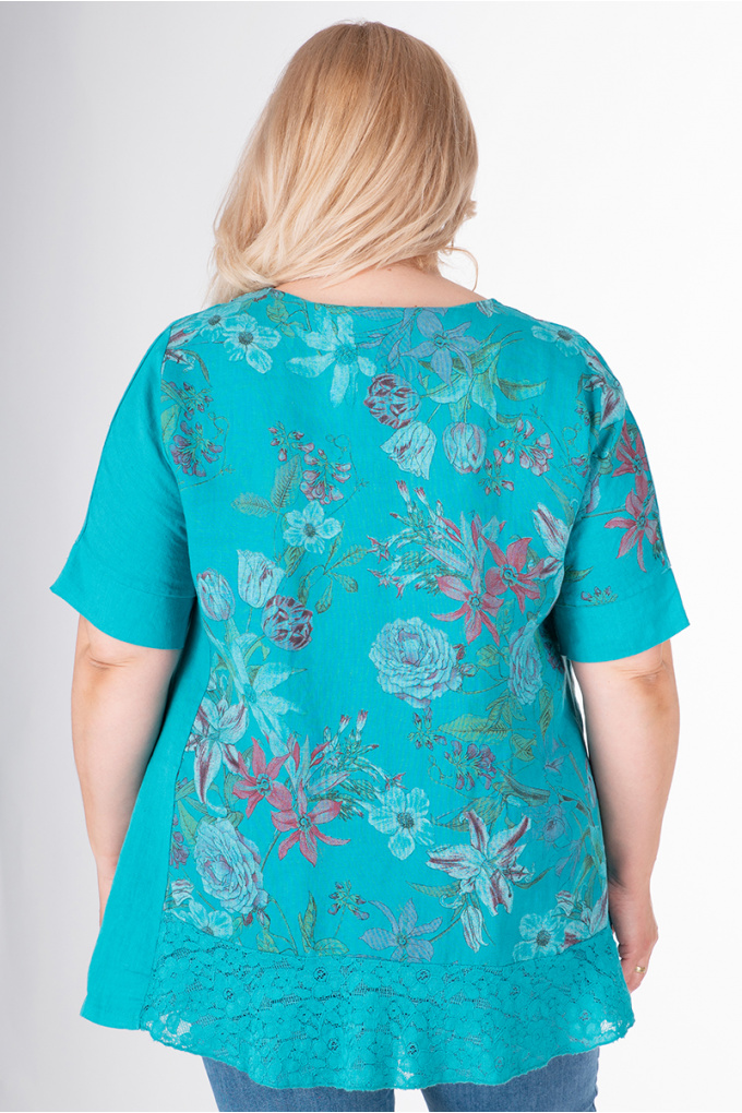 МАКСИ блуза е тюркоазен цвят с принт цветя