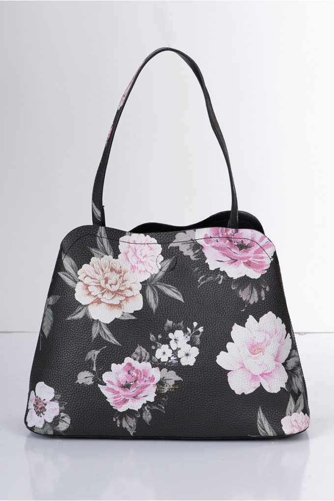 Дамска чанта в черно с нежни цветя