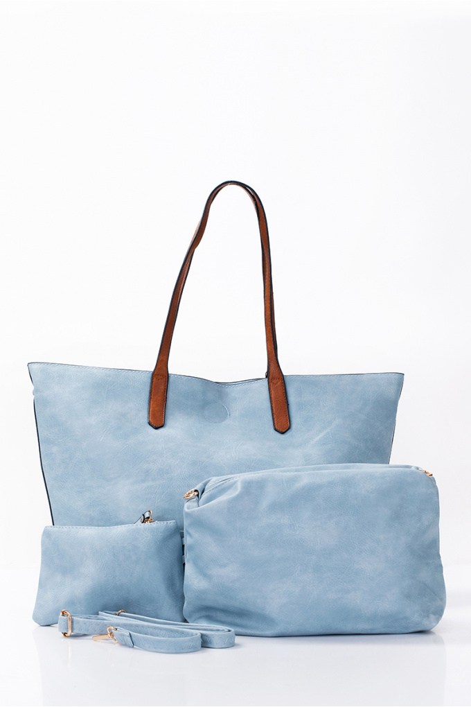 Дамска голя чанта 3в1 в светло синьо със кафяви дръжки