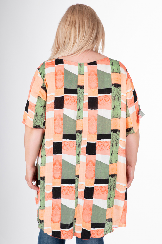 МАКСИ блуза с оранжеви и зелени квадратчета
