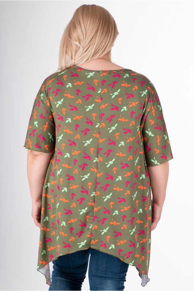 МАКСИ блуза в цвят милитъри с цветни птички