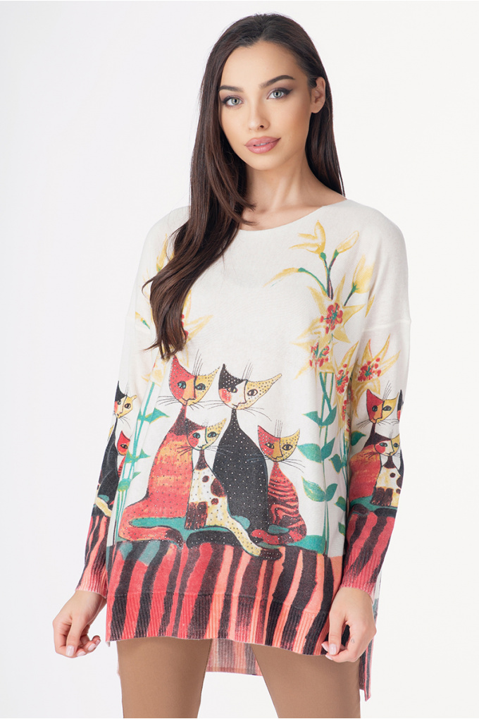 Дамска блуза от фино плетиво с принт котки с капси