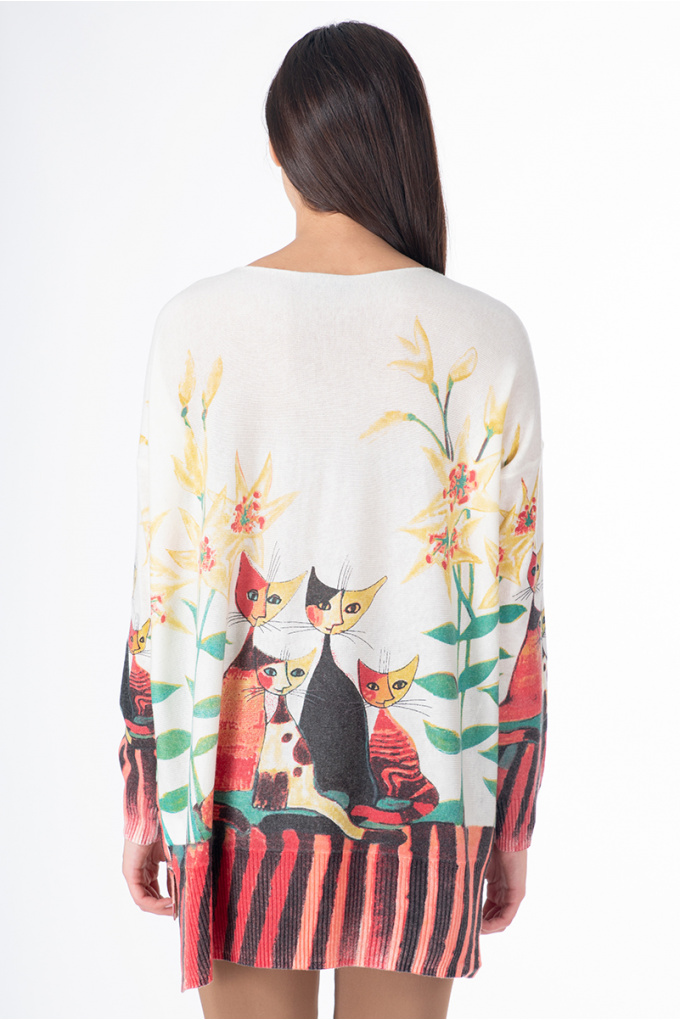 Дамска блуза от фино плетиво с принт котки с капси
