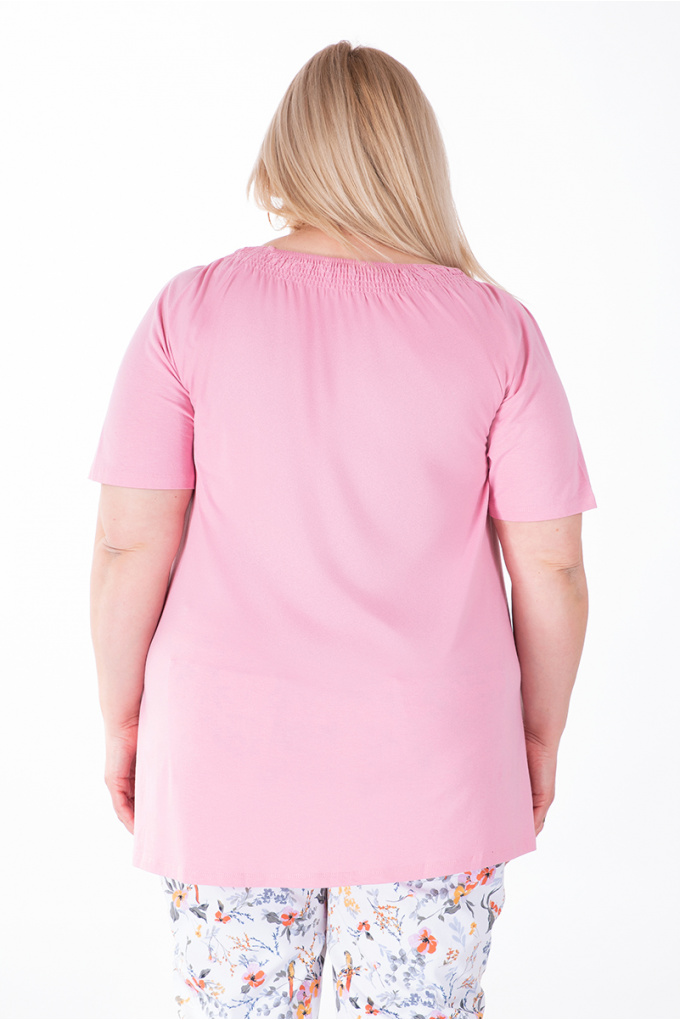 МАКСИ блуза в розово с ластик и връзка на деколтето