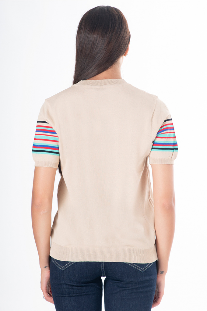 Дамска блуза в бежово с цветни ленти