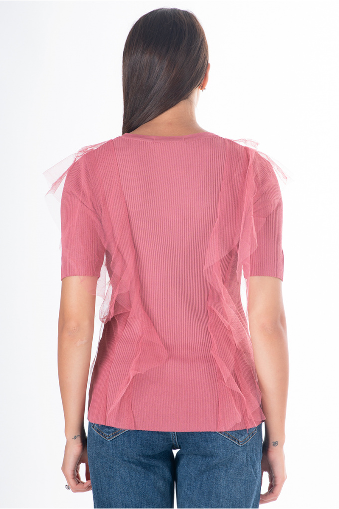 Дамска блуза в розово от фино плетиво и тюл