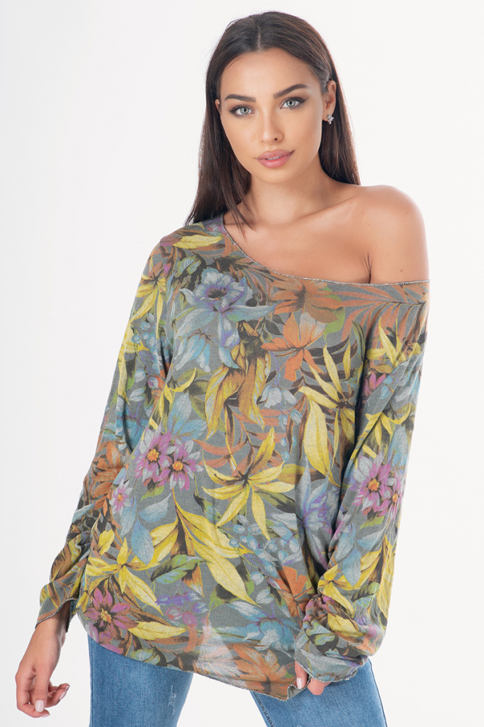 Дамска блуза с флорални мотиви в цвят милитъри