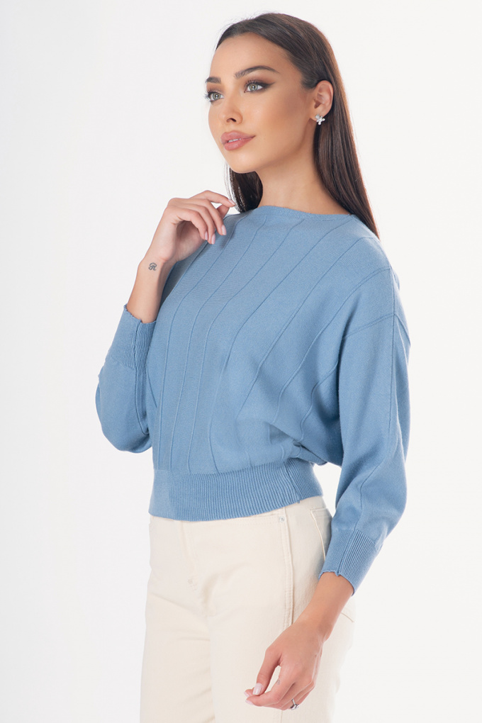Дамска блуза с прилеп ръкав и релефни шевици в синьо