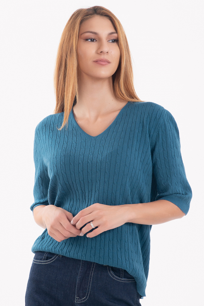 Дамска блуза с фина плетка в петролен цвят