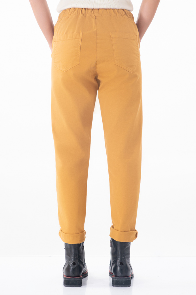 Дамски памучен панталон с връзка в цвят горчица