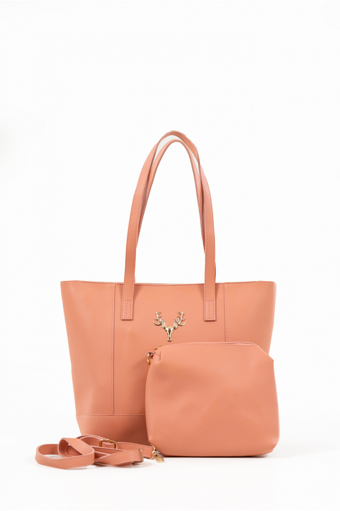 Дамска чанта в прасковено розово с допълнителен несесер
