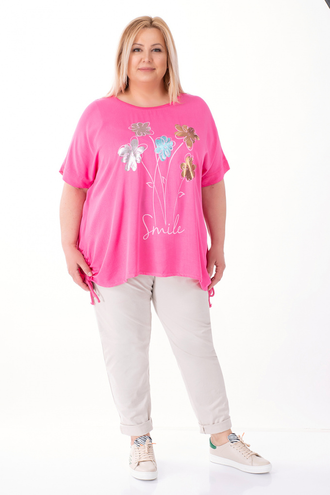 МАКСИ блуза в розово с щампа цветя и странични връзки