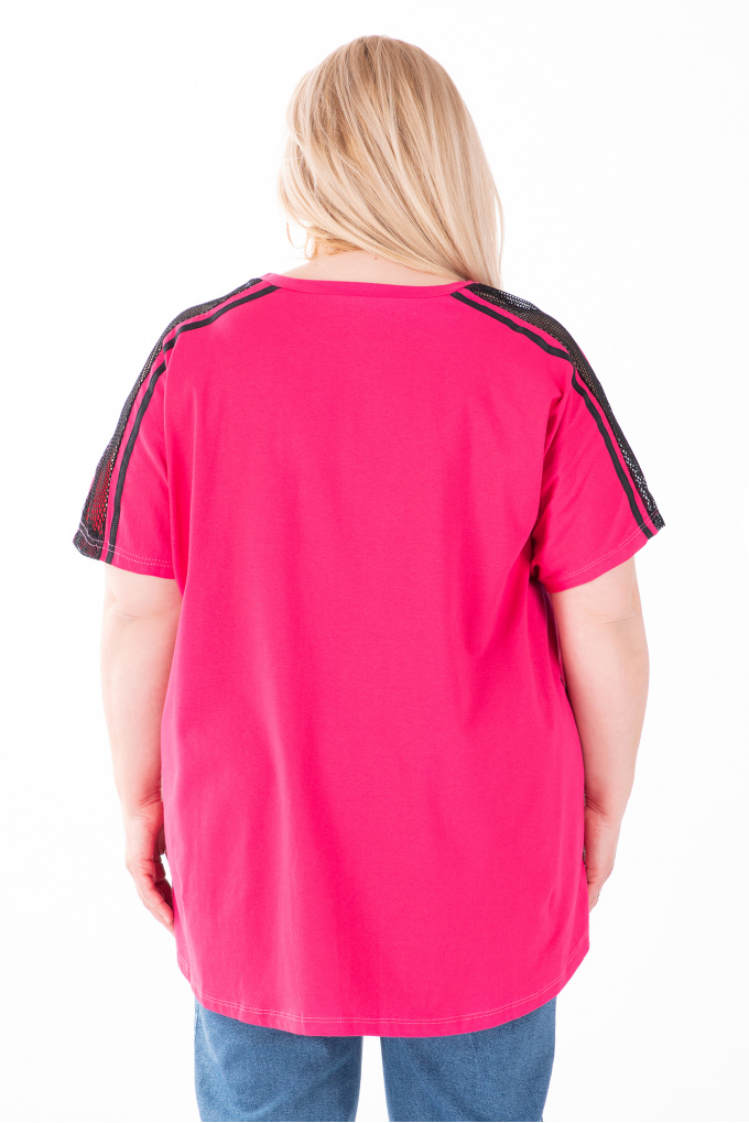 МАКСИ блуза от памук в цикламено розово с черна мрежа на раменете