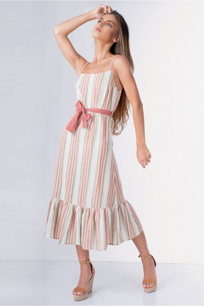 Дамска рокля с бежови и розови райета