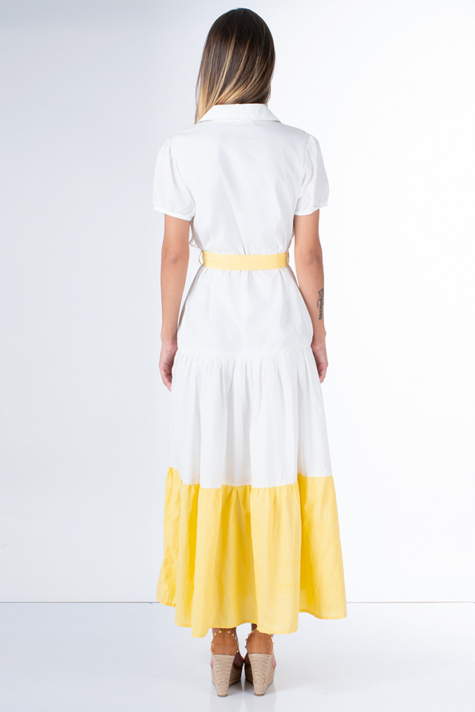 Дамска дълга рокля в бяло и жълто
