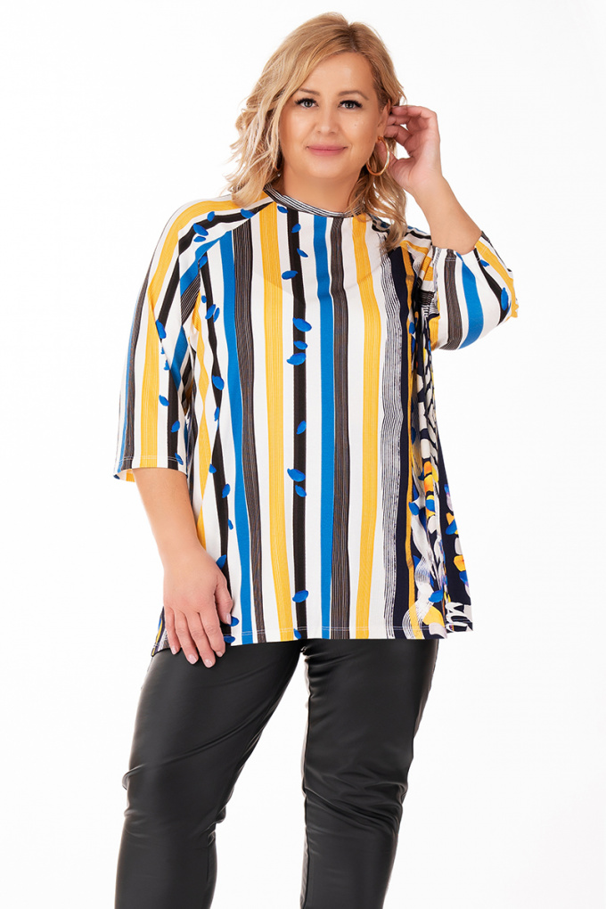 МАКСИ блуза от трико с вертикален принт в черно синьо и жълто