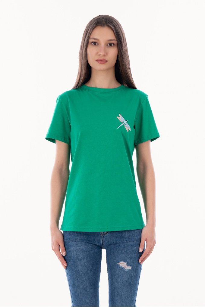 Дамска тениска '''Dragonfly'' в зелено с бродерия водно конче