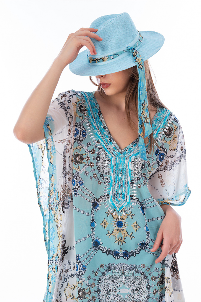 Дамска туника в синьо с богати етно орнаменти