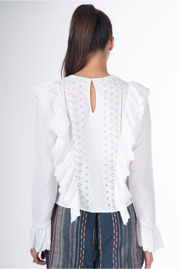 Дамска блуза в бяло с харбали и рязана бродерия с дълъг ръкав