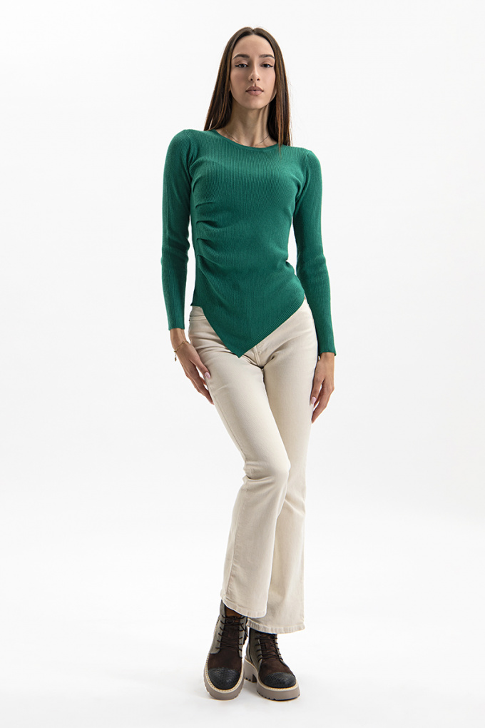 Дамска блуза от фино плетиво в зелено с набран ефект