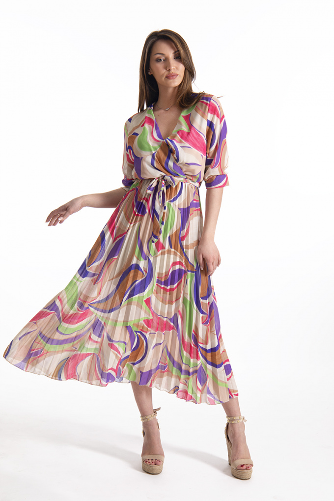 Дълга рокля с пролетен принт в бежово, лилаво и розово, ефект солей