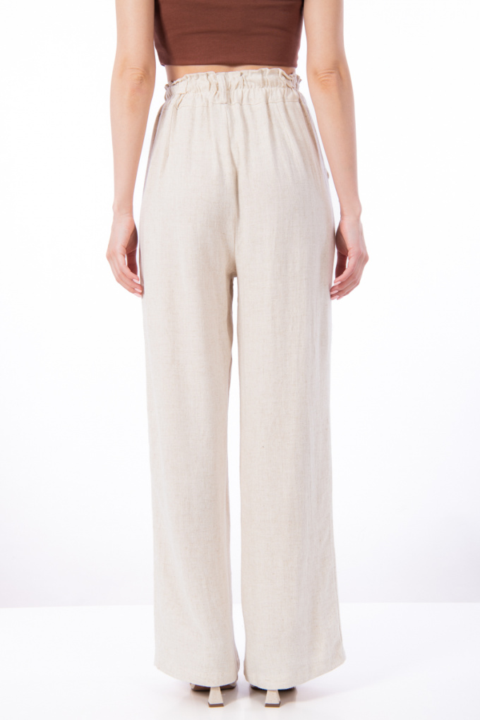 Дамски панталон от лен и памук в бежово с широк ластик на талията