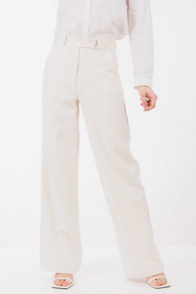 Дамски широк панталон с висока талия в цвят екрю
