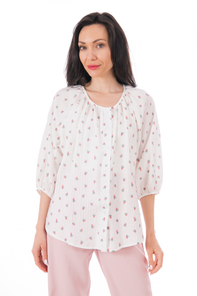 Дамска индийска блуза от памук в бяло с принт малки розови цветя