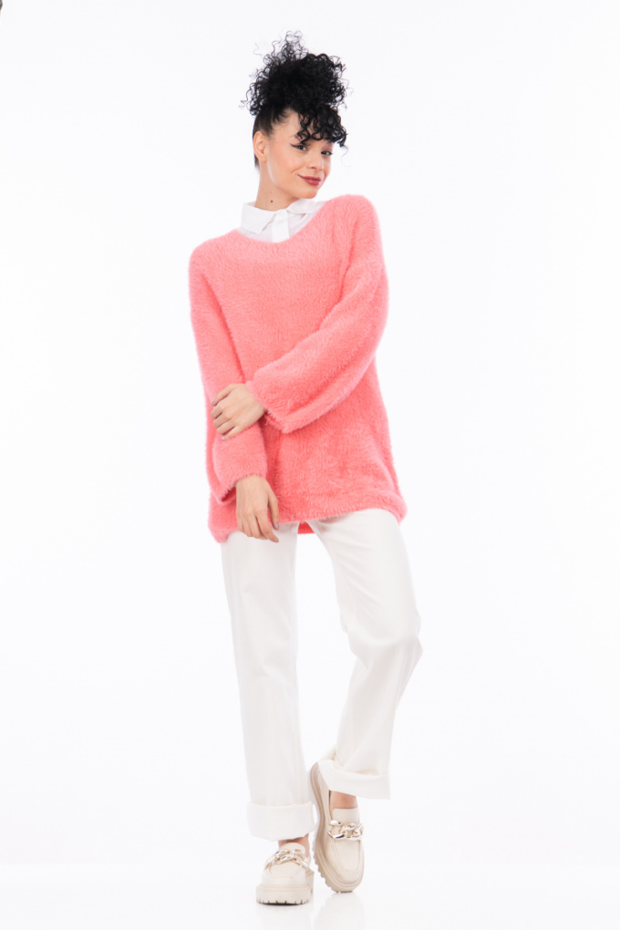 Дамски мъхест пуловер в розов цвят