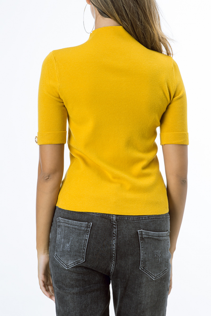 Дамска блуза с висока яка в цвят горчица с маншет