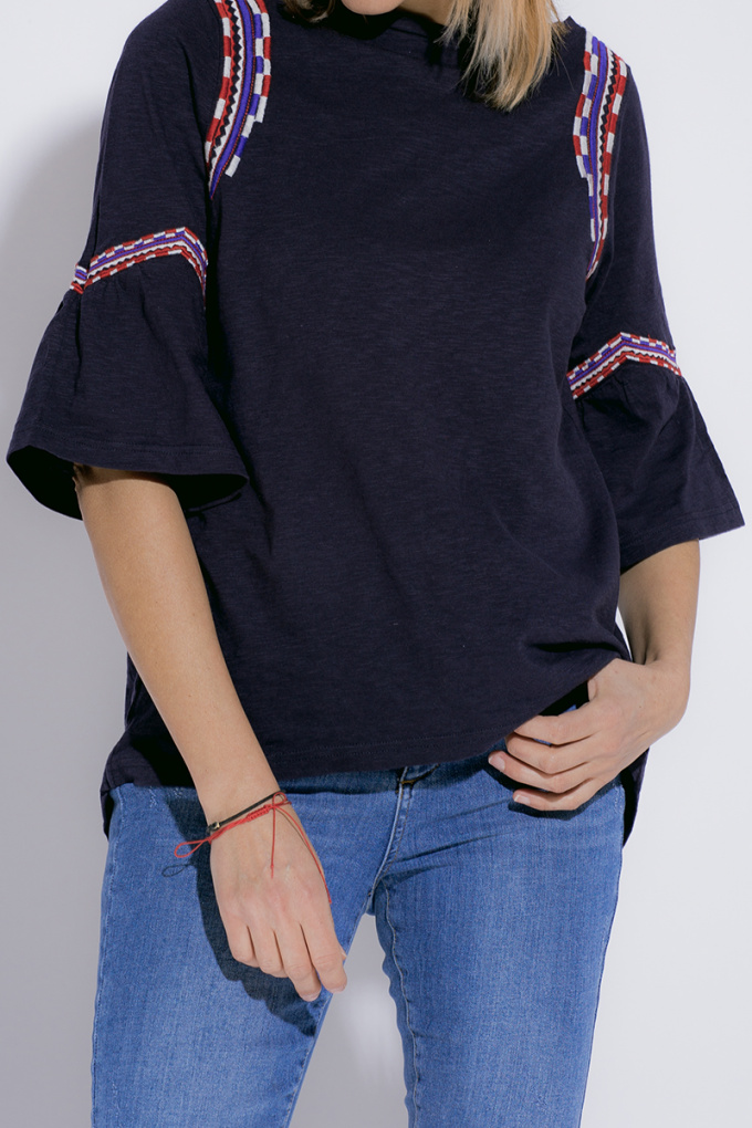 Дамска памучна блуза в тъмносиньо с ефектна бродерия
