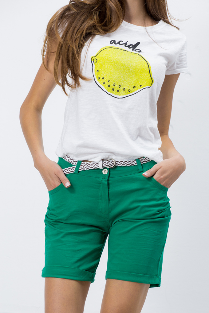Дамски памучен стреч панталон в зелено с колан