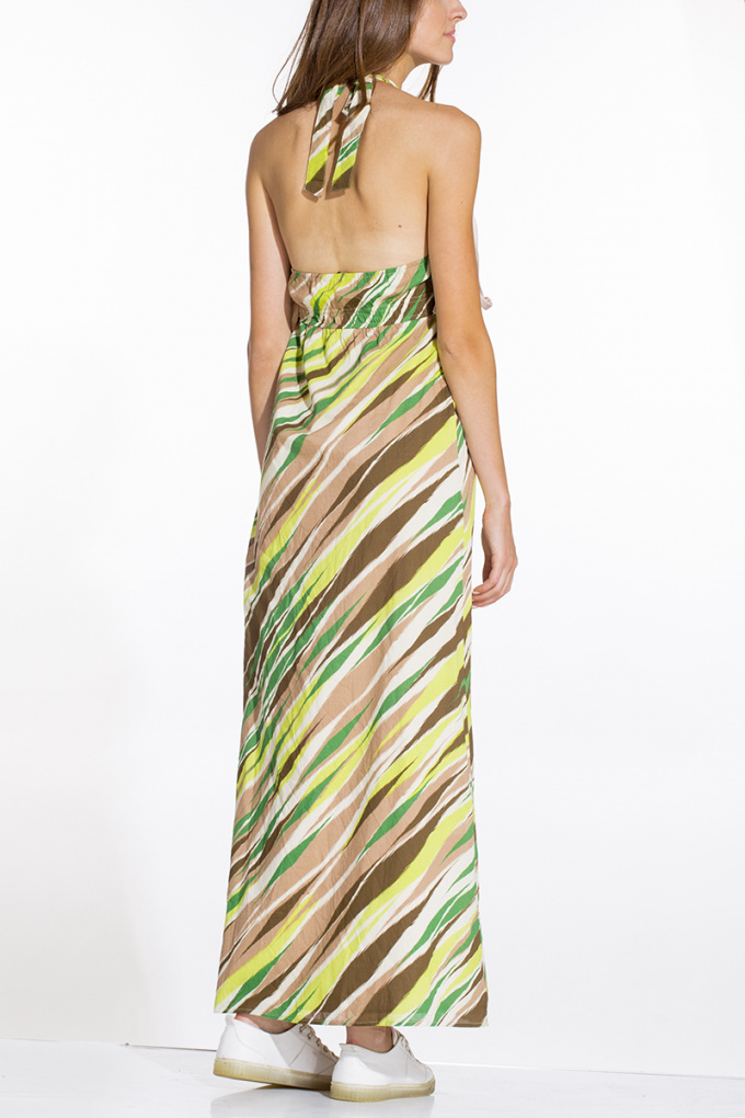 Дамска дълга памучна рокля с цветен зебров принт с акцент-зелено