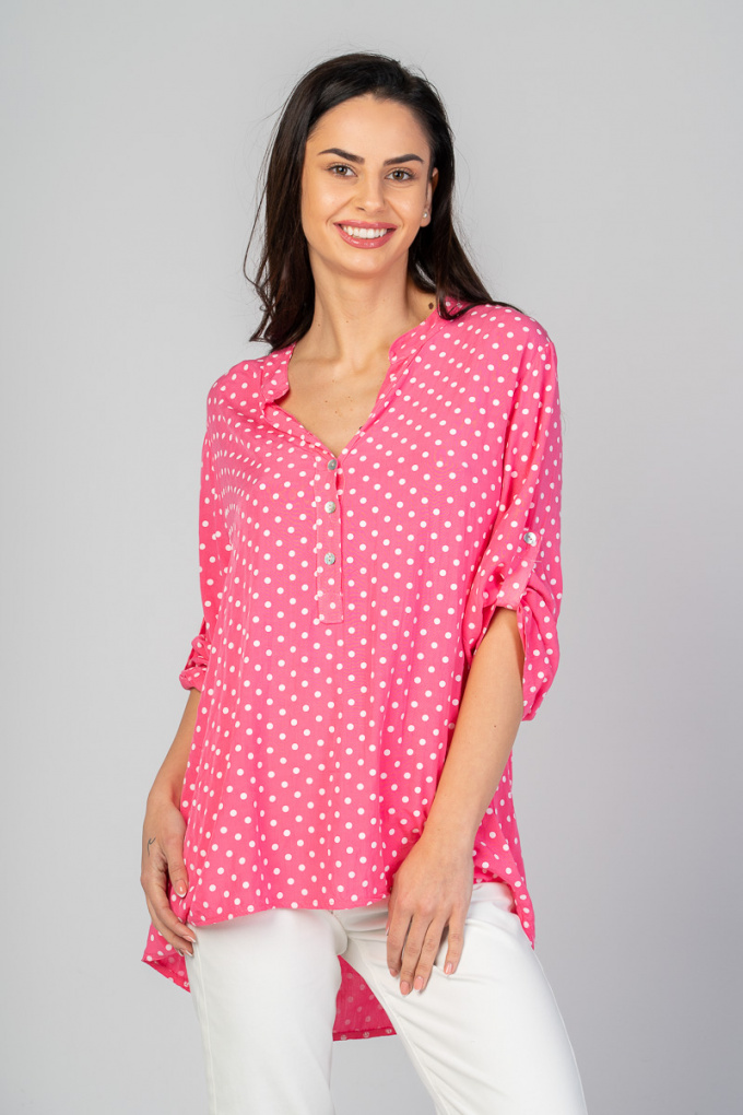 Дамска широка блуза тип туника в розово с принт бели точки
