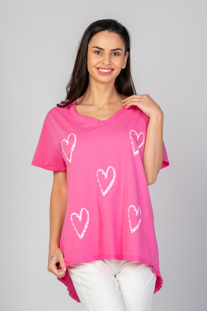 Дамска широка блуза в розово с принт бели сърца