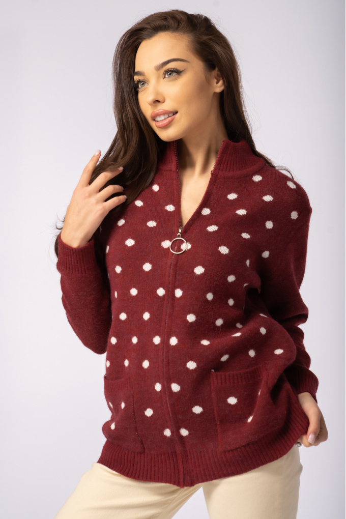 Дамска плетена жилетка в бордо с цип и принт точки