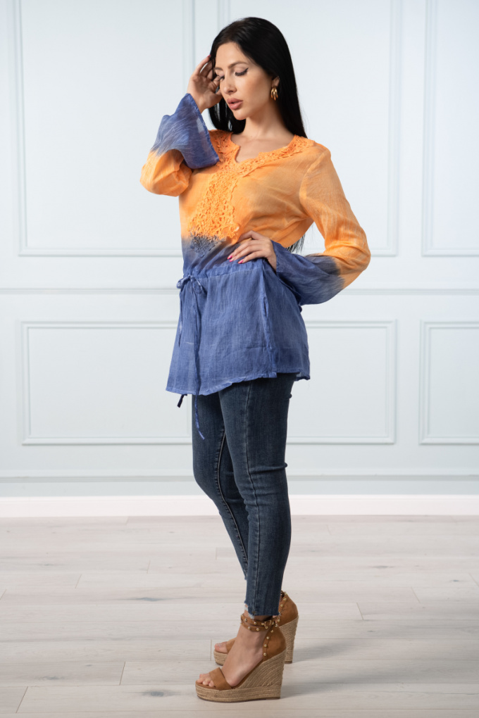 Дамска туника от фин памук в преливаща оранжево-синя гама