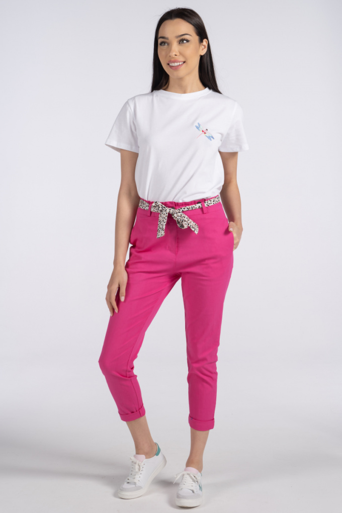 Дамски панталон от памук в цикламено розово с ластик на талията и цветен колан