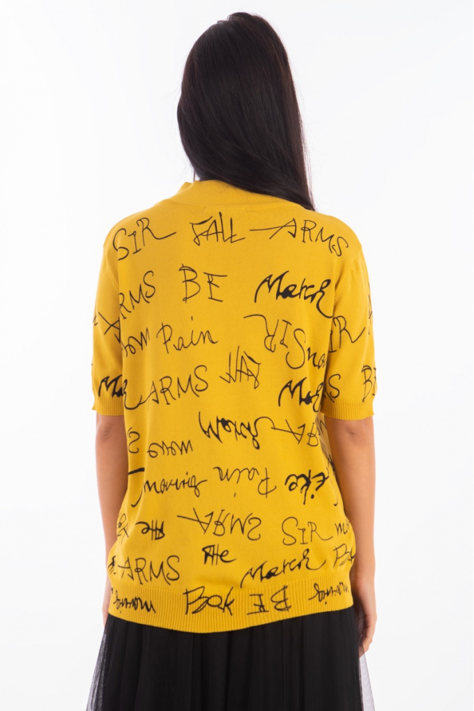Дамска блуза от фино плетиво в жълто с принт надписи