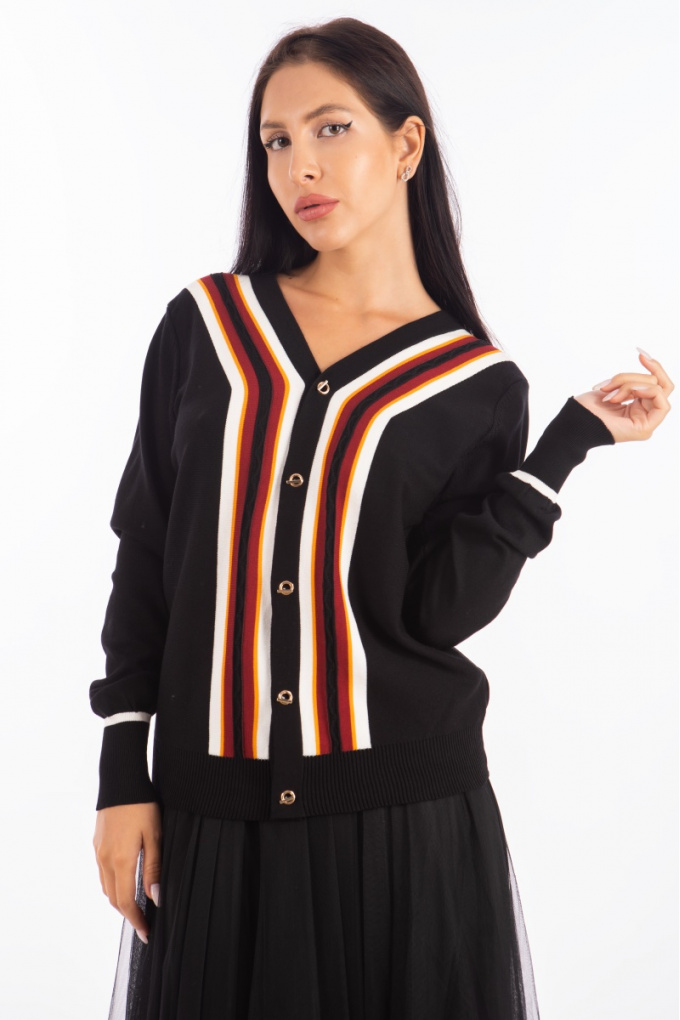 Дамска жилетка от фино плетиво в черно с вертикални линии в бордо, оранжево и бяло